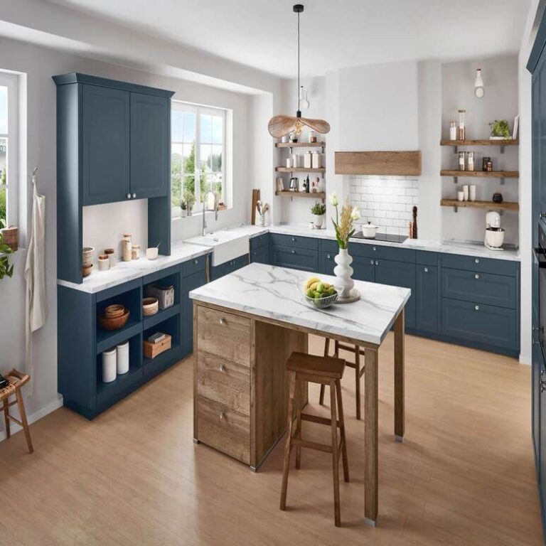 Dunkelblaue Landhausküche Küche im Landhausstil in Dunkelblau mit Marmor-Kochinsel, Holzregalen und Barhockern – Küchenangebot